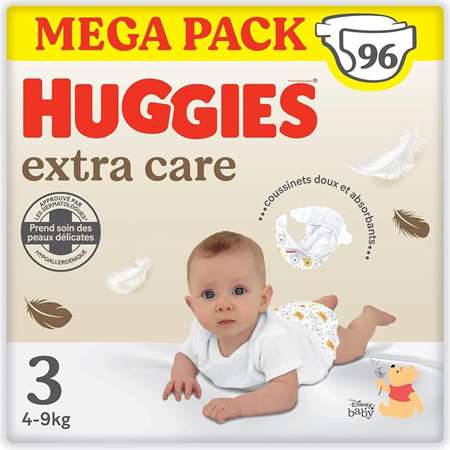 COUCHE HUGGIES EXTRA CARE Taille 3 (4-9kg) 3 paquets de 32